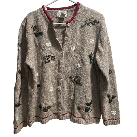 Christopher & Banks Hand Embroidered Button Down Sweater Winter Snowflakes sz.Lg - Picture 1 of 4